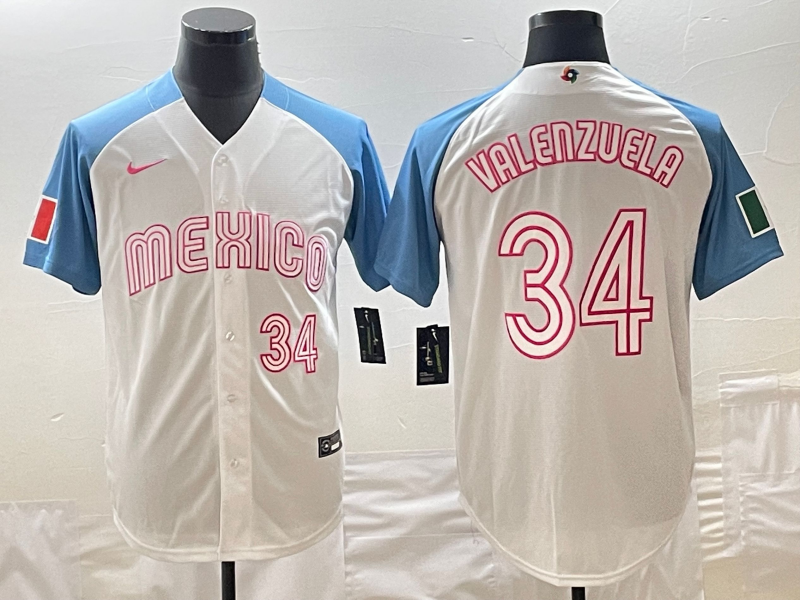 Men's Mexico Baseball #34 Fernando Valenzuela 2023 White Blue World Baseball Classic Stitched Jersey